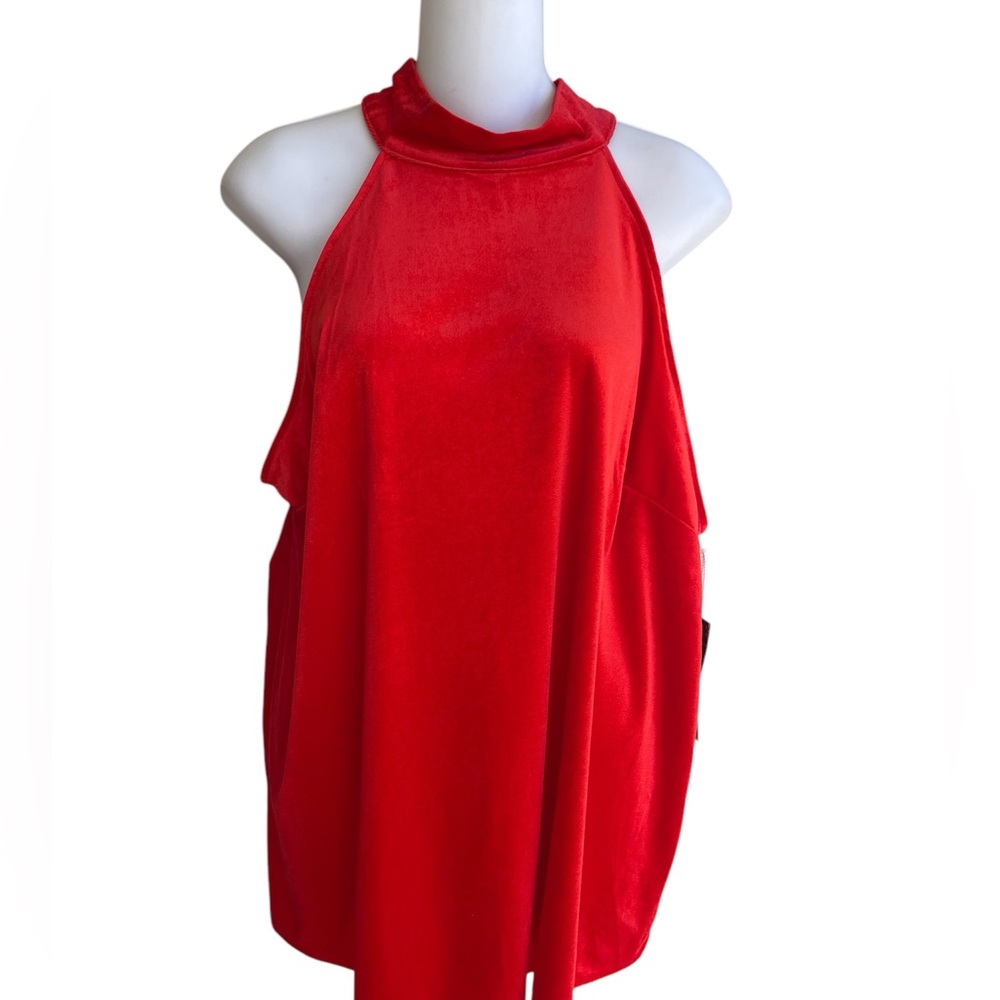 Worthington Bright Red Velvet Halter Top Woman Back Button Closure 1X NWT